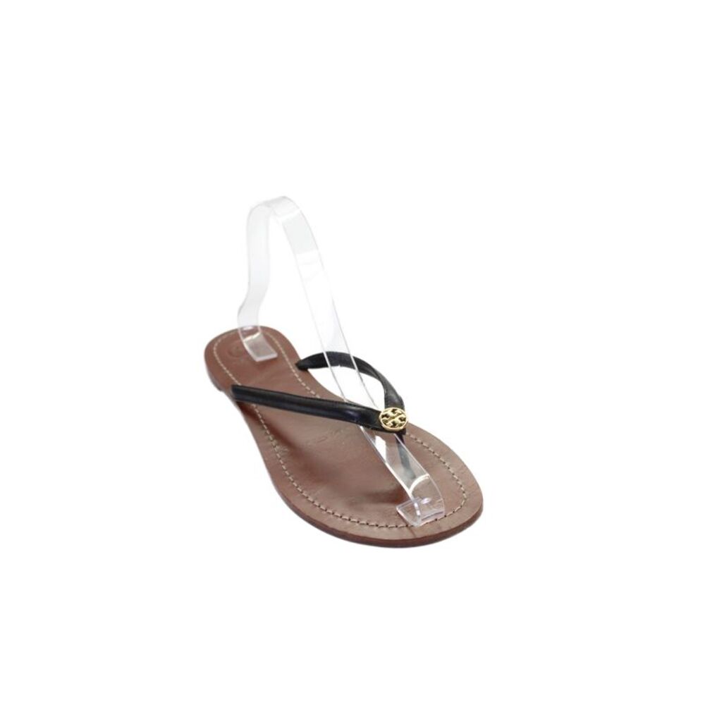 Tory Burch Womens Leather Logo Embellished Flip Flop Shoes Black Size 7.5M